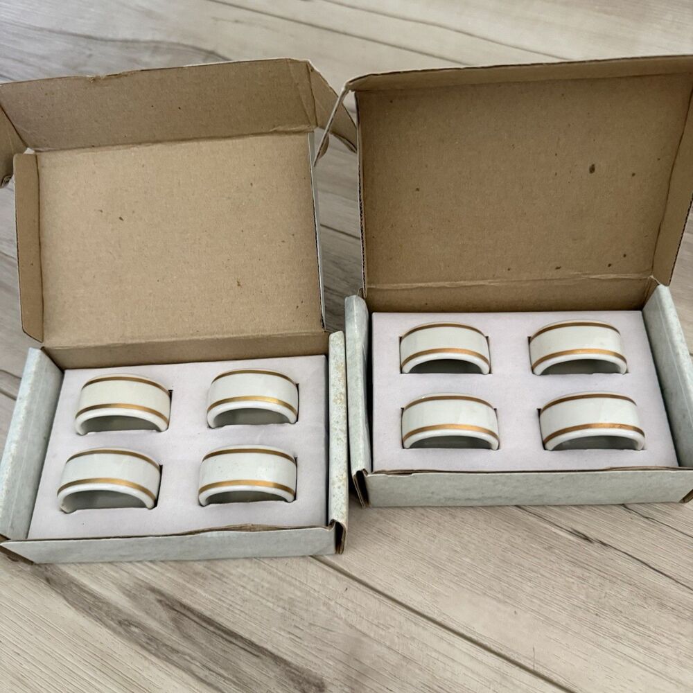 Vintage GORHAM Napkin Ring Set of 8 Ivory With Gold Trim Boxed Cottagecore
